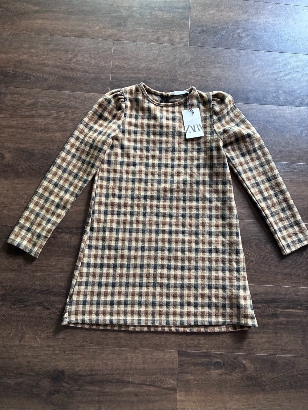 Zara Girls Plaid A-Line Dress in Brown and Cream